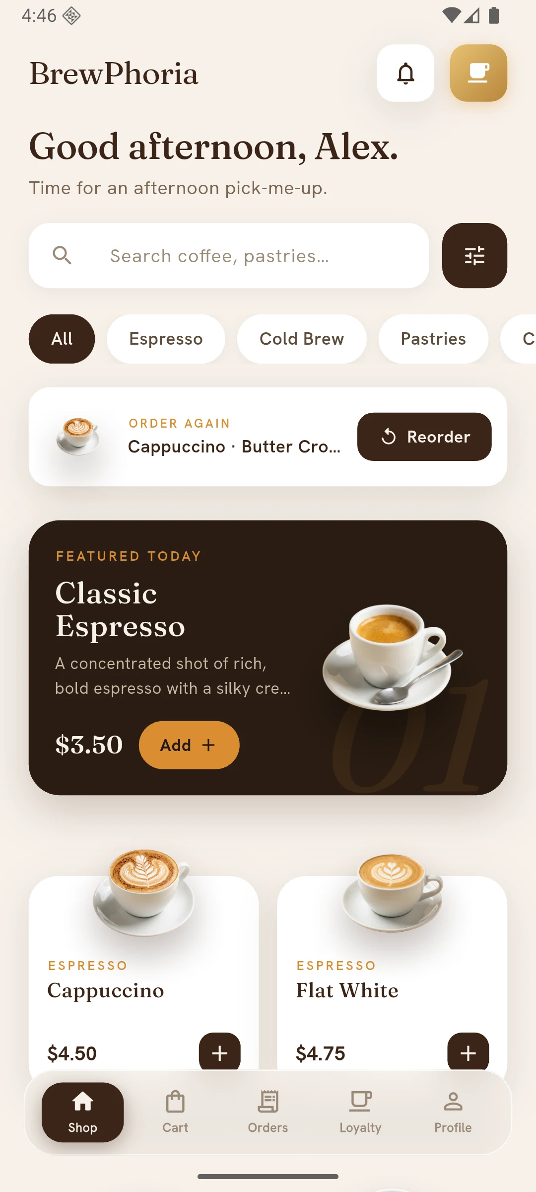 BrewPhoria's storefront home screen on mobile.