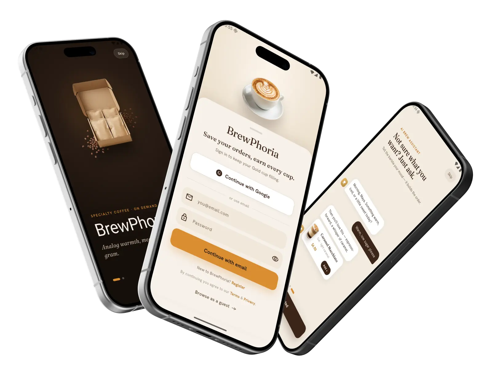 Three iPhones showing BrewPhoria's welcome, sign-in and AI barista screens.
