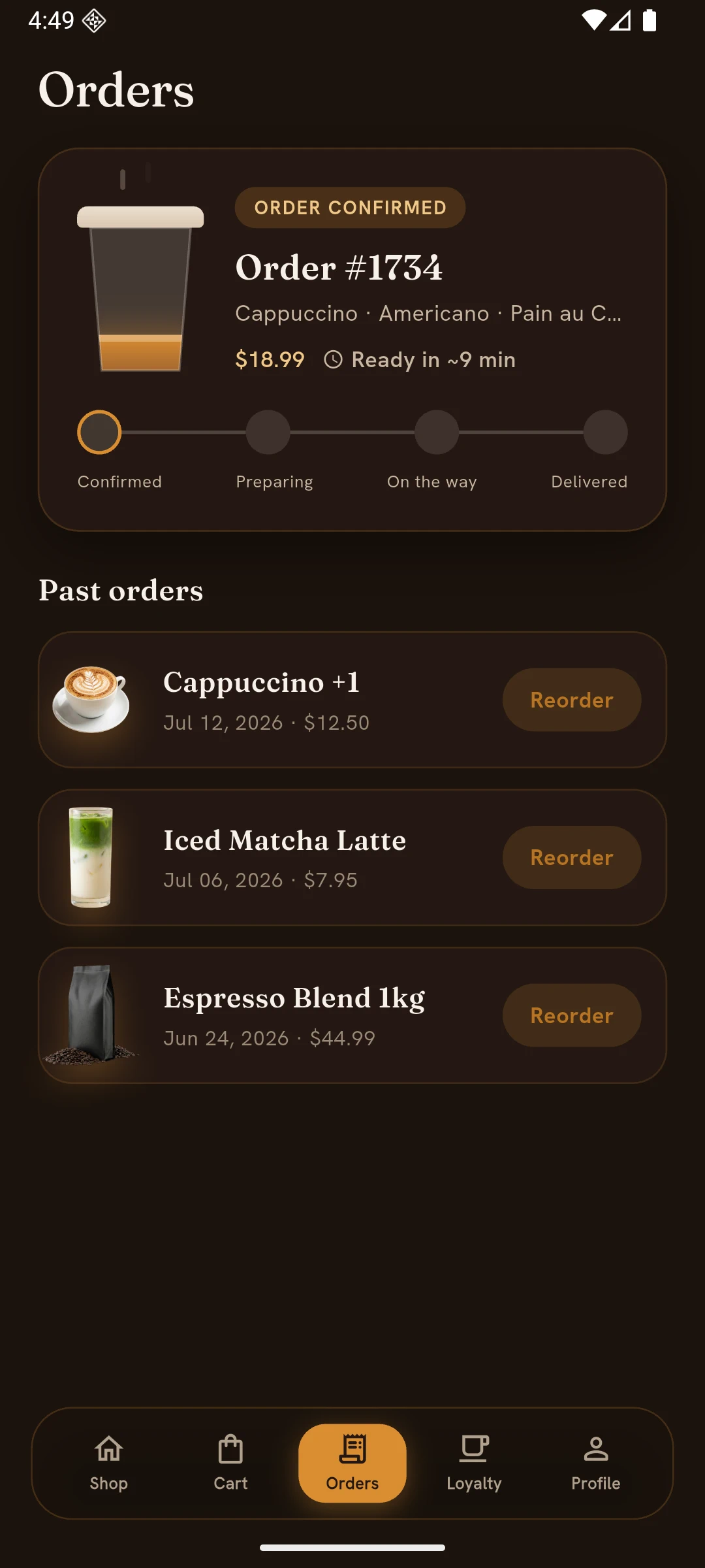 Order history in dark mode.