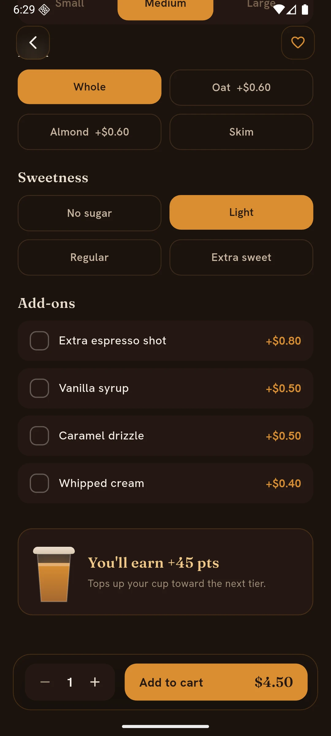 Product options in dark mode.