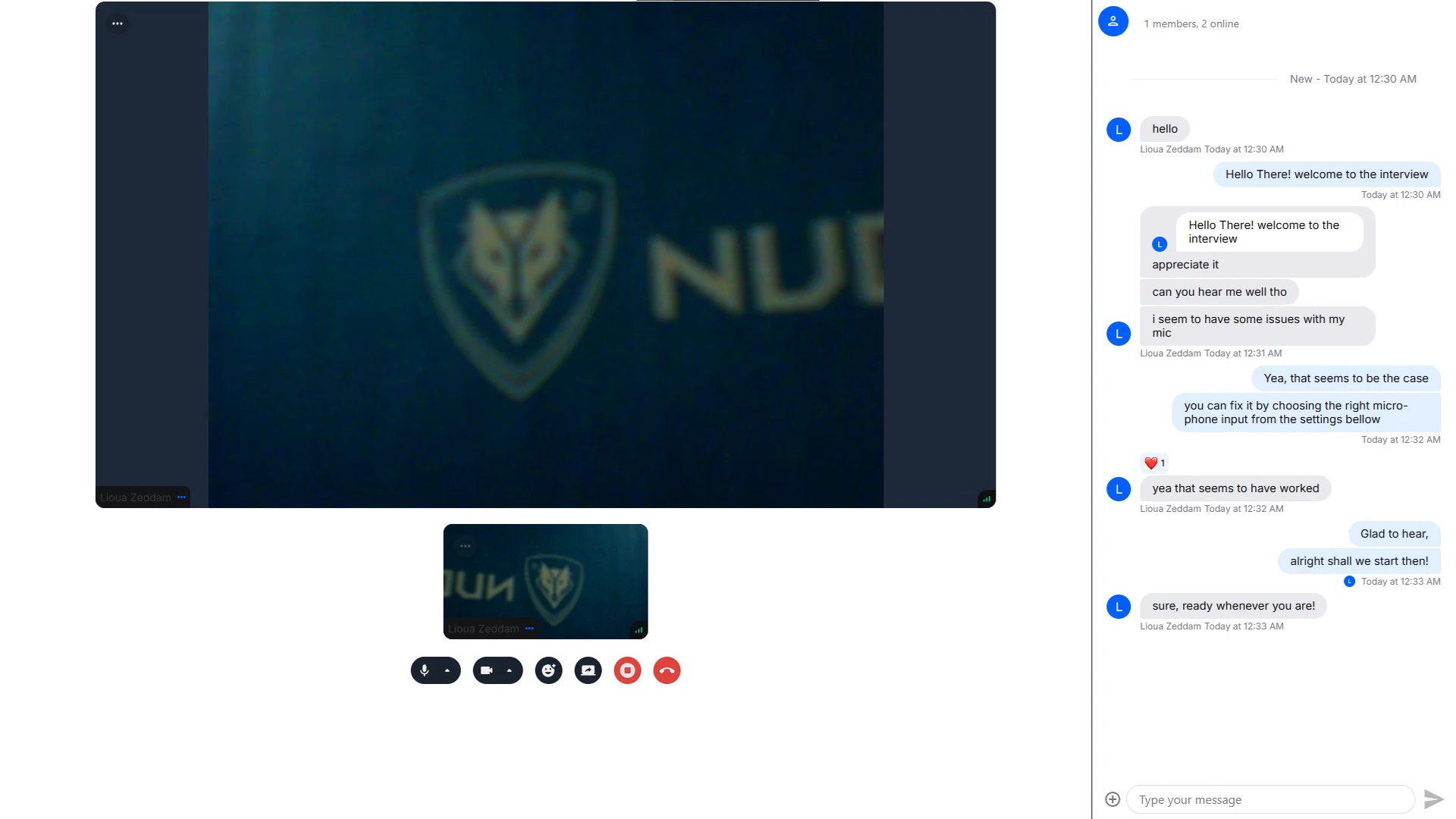 The Faderco portal's in-browser interview room, built on WebRTC.