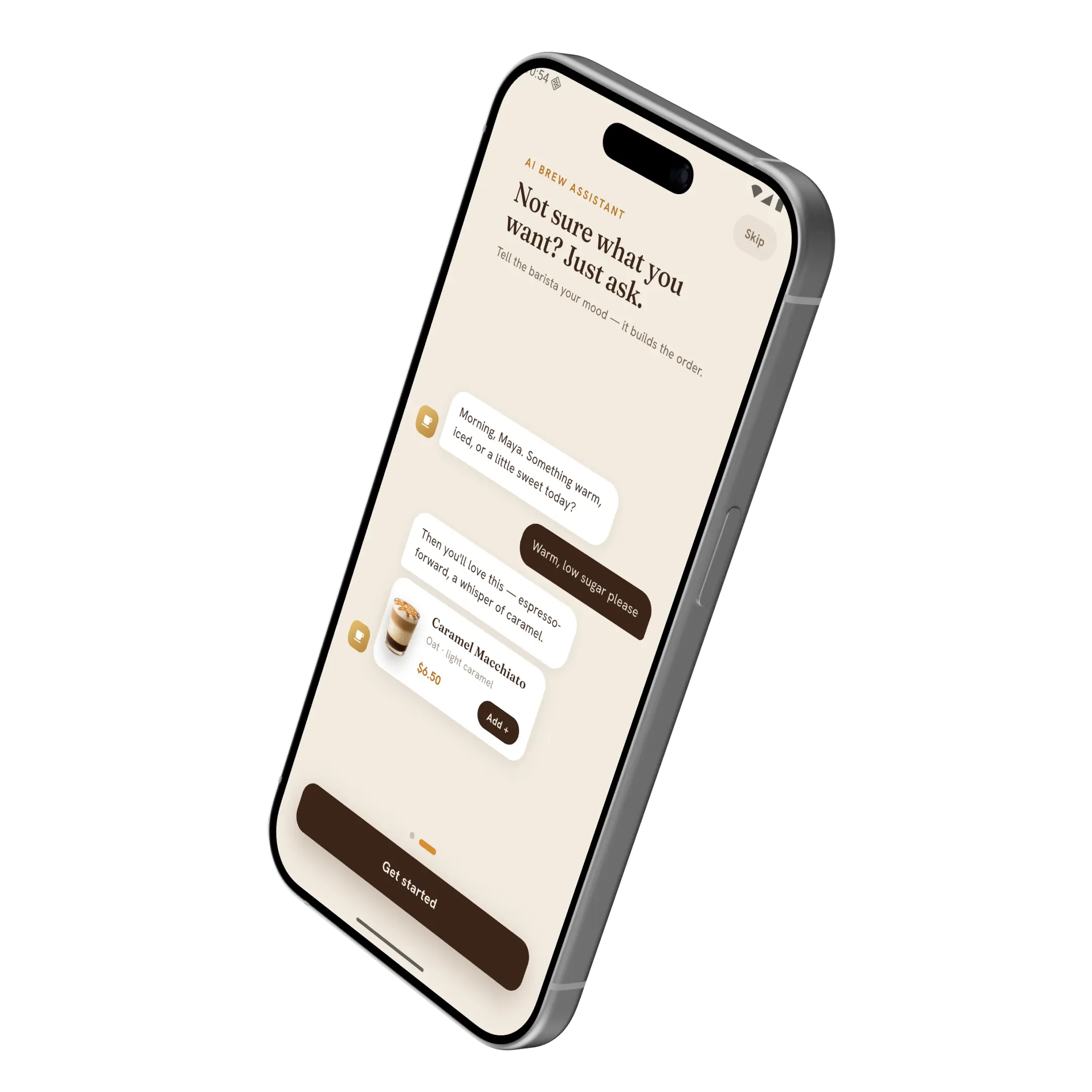 BrewPhoria's AI barista conversation, turning a spoken craving into a priced drink.