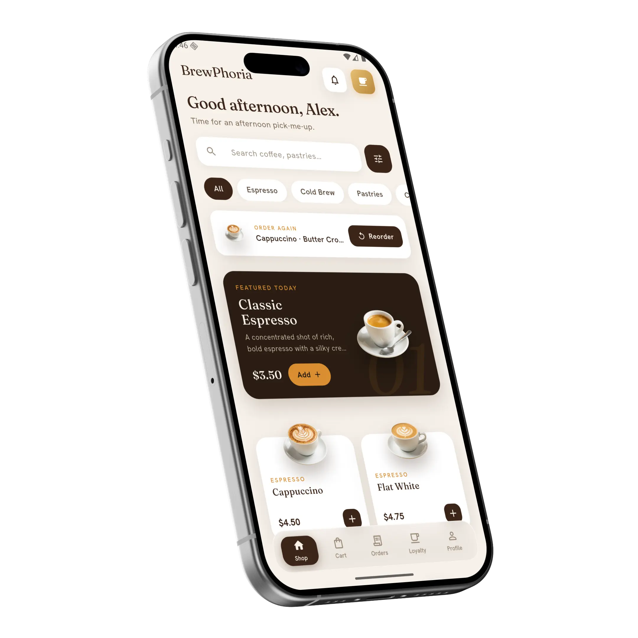 The BrewPhoria storefront home screen on an iPhone, showing the drink categories and featured menu.