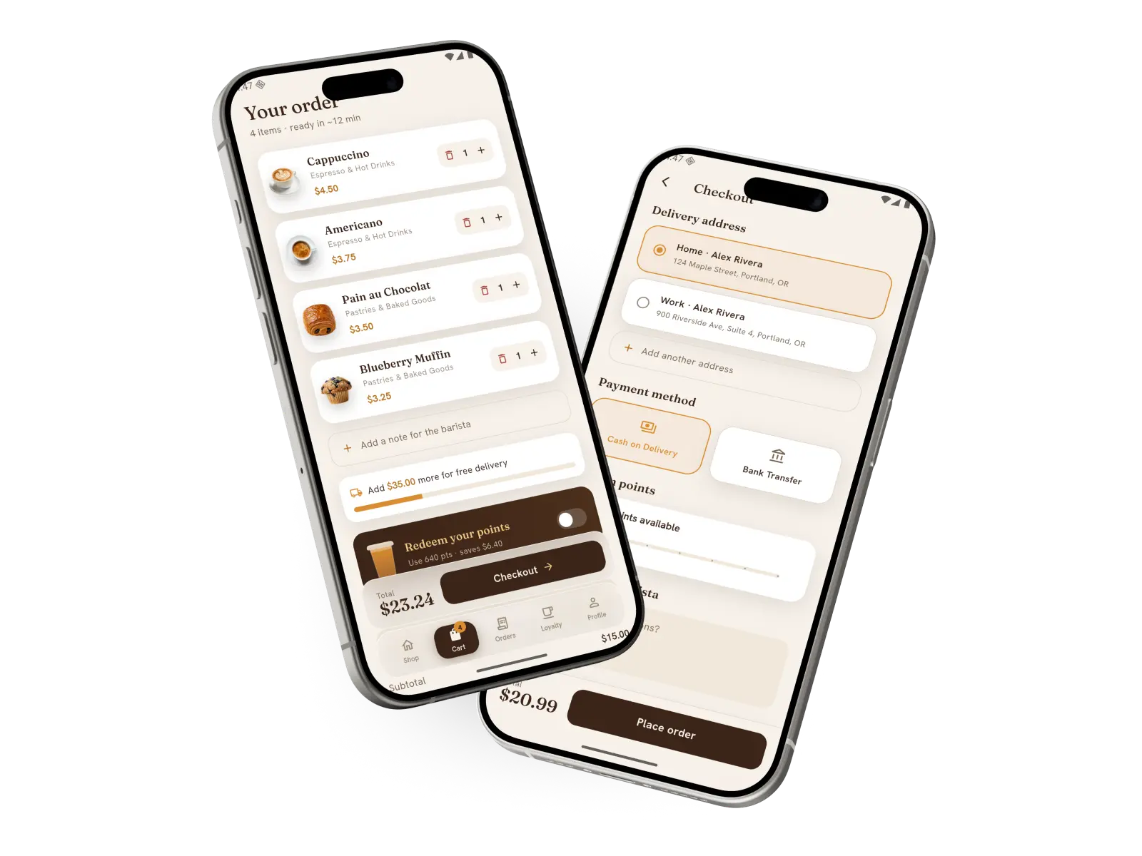 Two iPhones showing BrewPhoria's checkout sheet and the order history that follows it.