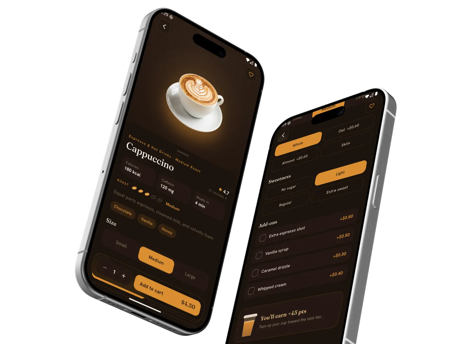 Two iPhones showing a BrewPhoria drink's detail screen with size, milk and syrup options.
